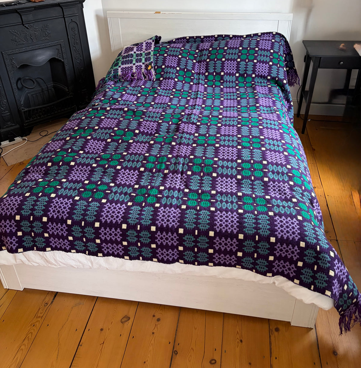Vintage Welsh Wool Tapestry blanket Derw green purple blue VGC double portcullis pattern