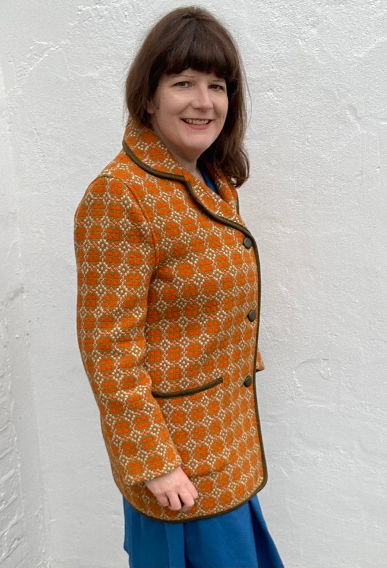 Vintage Welsh Wool Tapestry pea coat orange size geometric eclipse print size 14 pockets