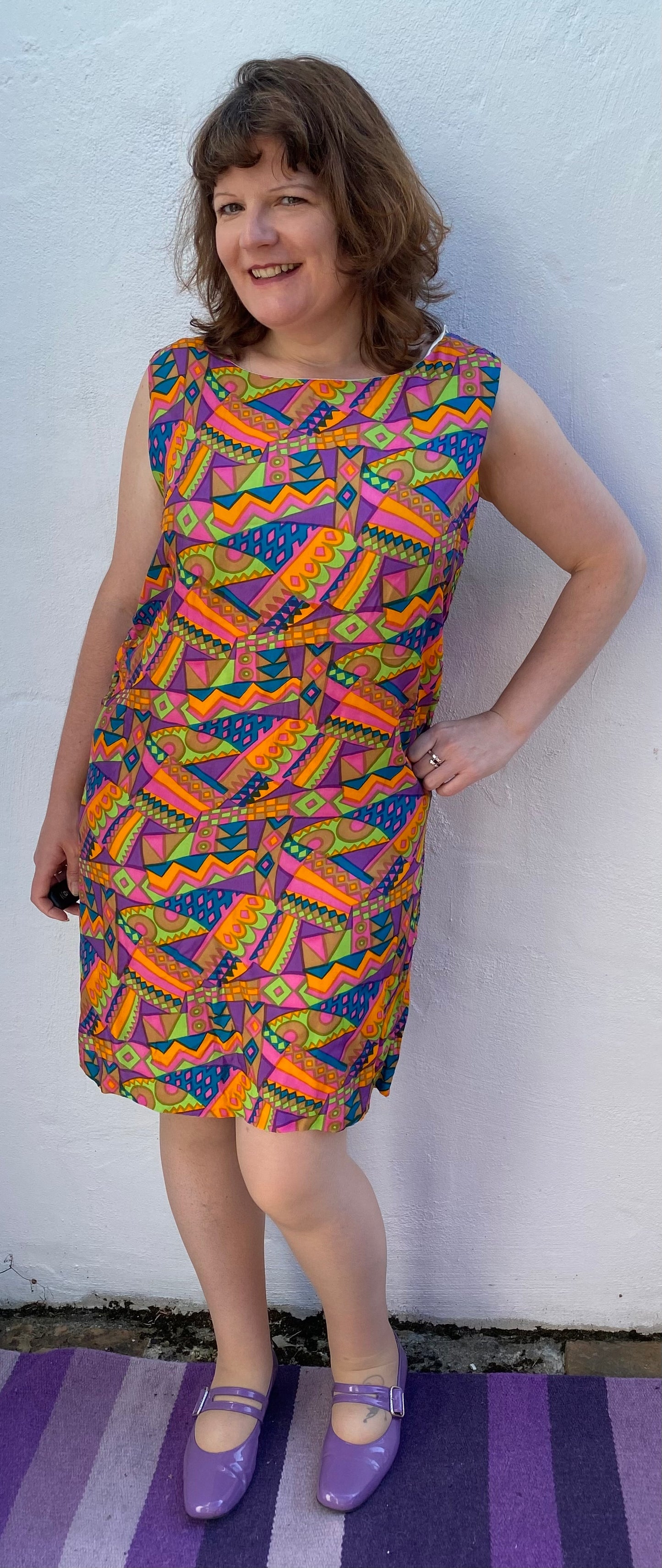 Vintage handmade multi coloured silky shift dress pink blue orange sleeveless size 14 16