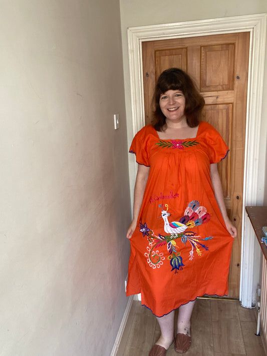 Vintage Light cotton South American embroidery dress size 20 22 orange blue El Salvador