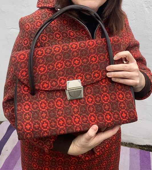 Vintage orange brown Welsh Wool Tapestry large hand bag handbag