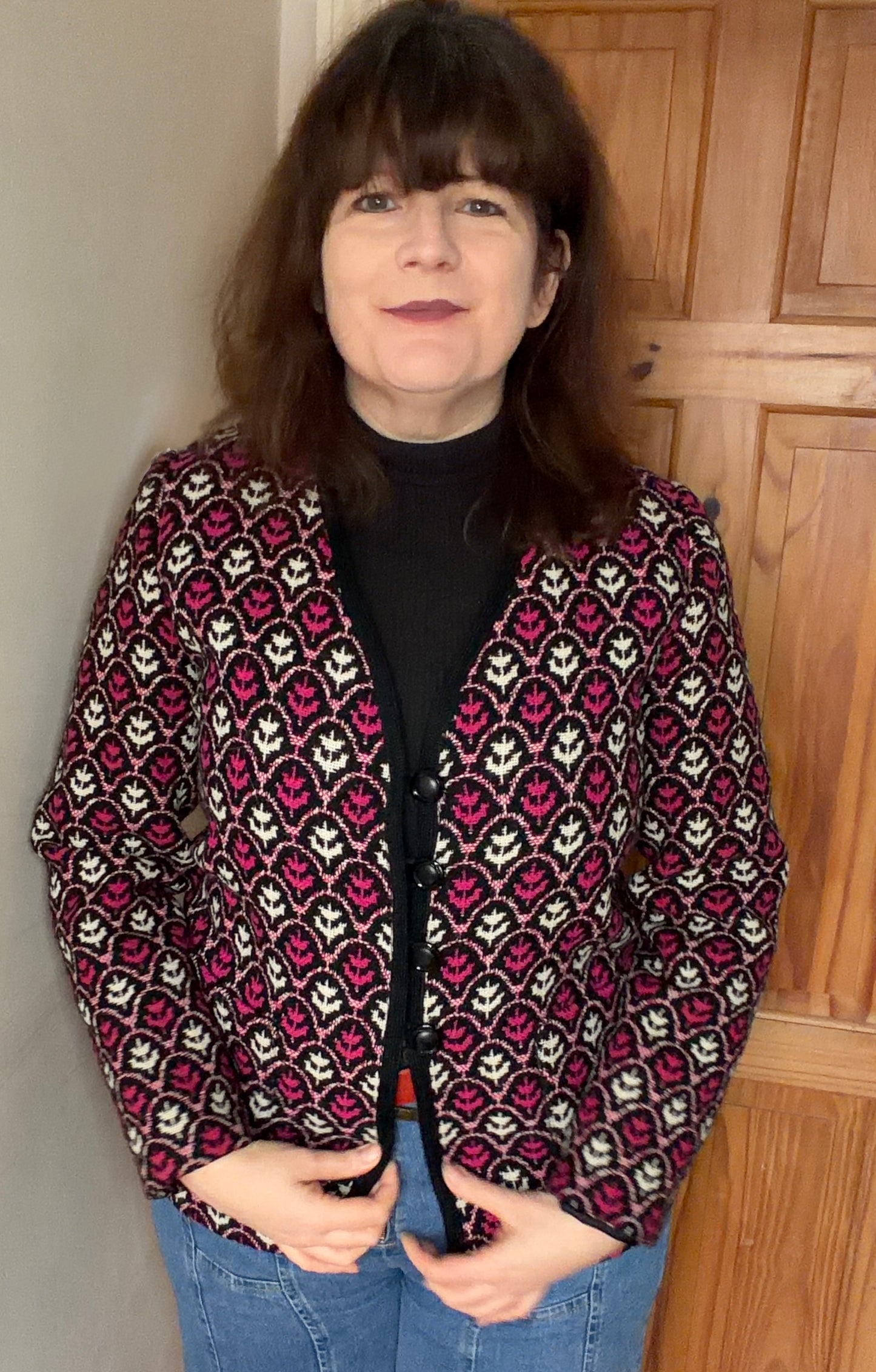 Vintage Brynkir Print Welsh Wool Tapestry jacket smart pink black white flower tulip size 12