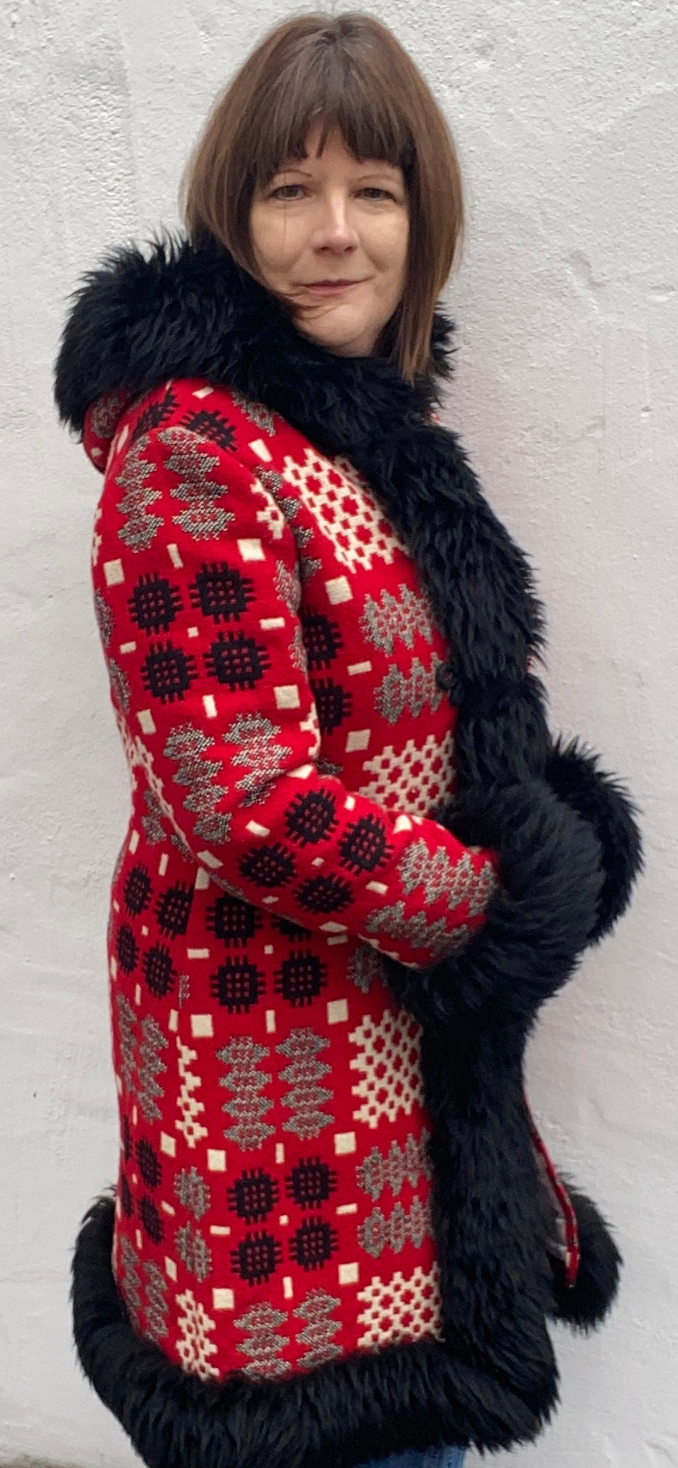 Vintage Welsh Wool Tapestry faux fur trim long hooded coat Pandy Red white grey up to size 16