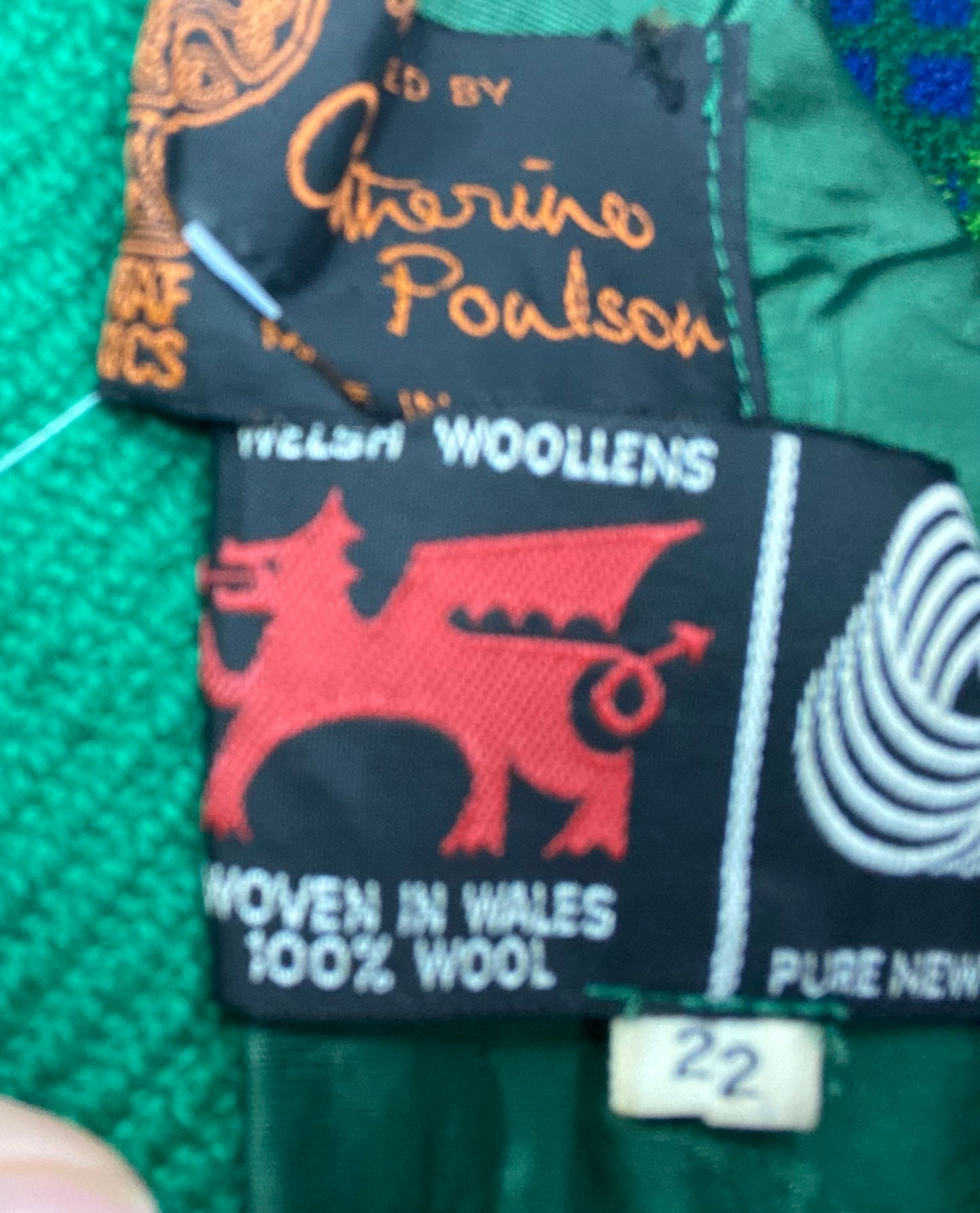 Vintage Welsh Wool Tapestry pea coat green print bronze dragon buttons pockets up to size 20 22