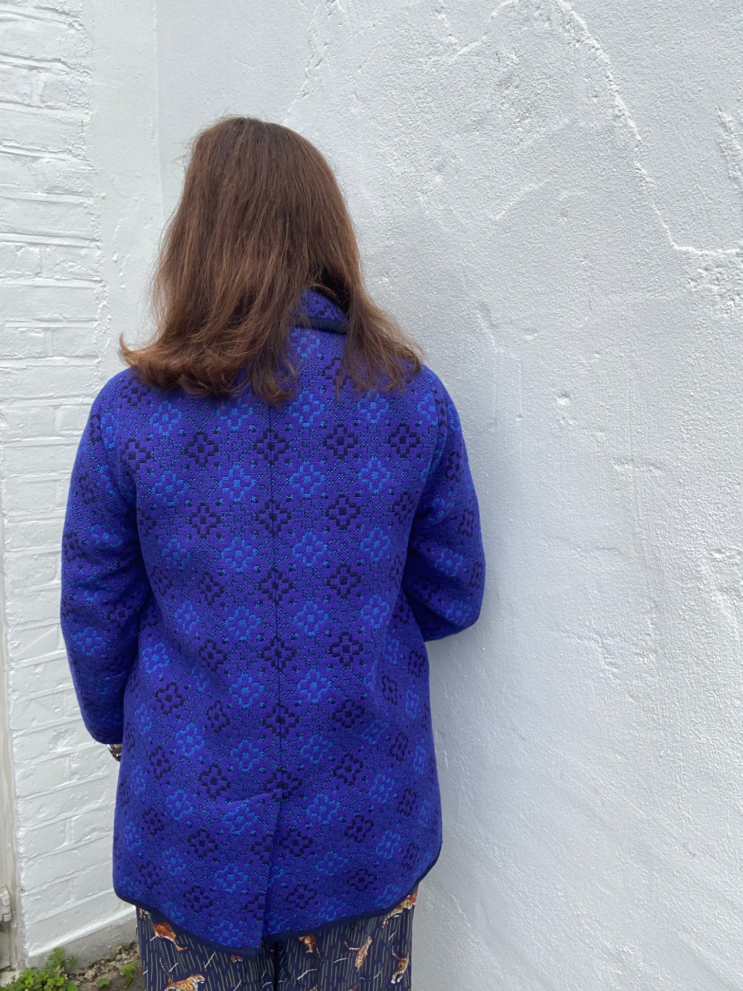 Vintage Welsh Wool Tapestry Pea coat jacket purple blue size14 Reseta geometric print pockets