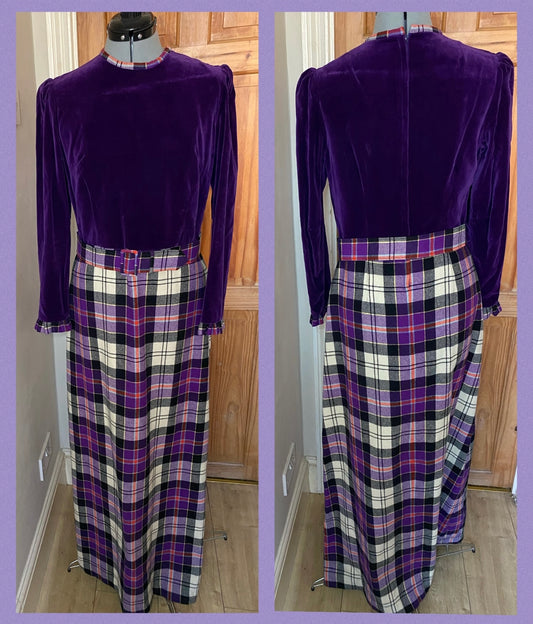 Vintage 70s purple velvet wool tartan print long sleeve maxi dress size 14 Ceilidh Christmas