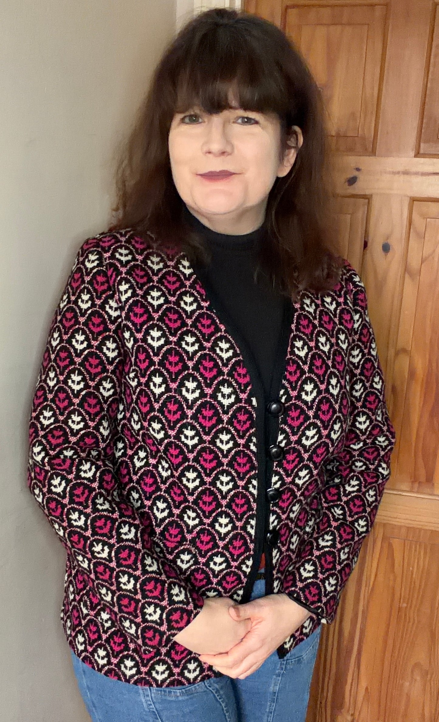 Vintage Brynkir Print Welsh Wool Tapestry jacket smart pink black white flower tulip size 12