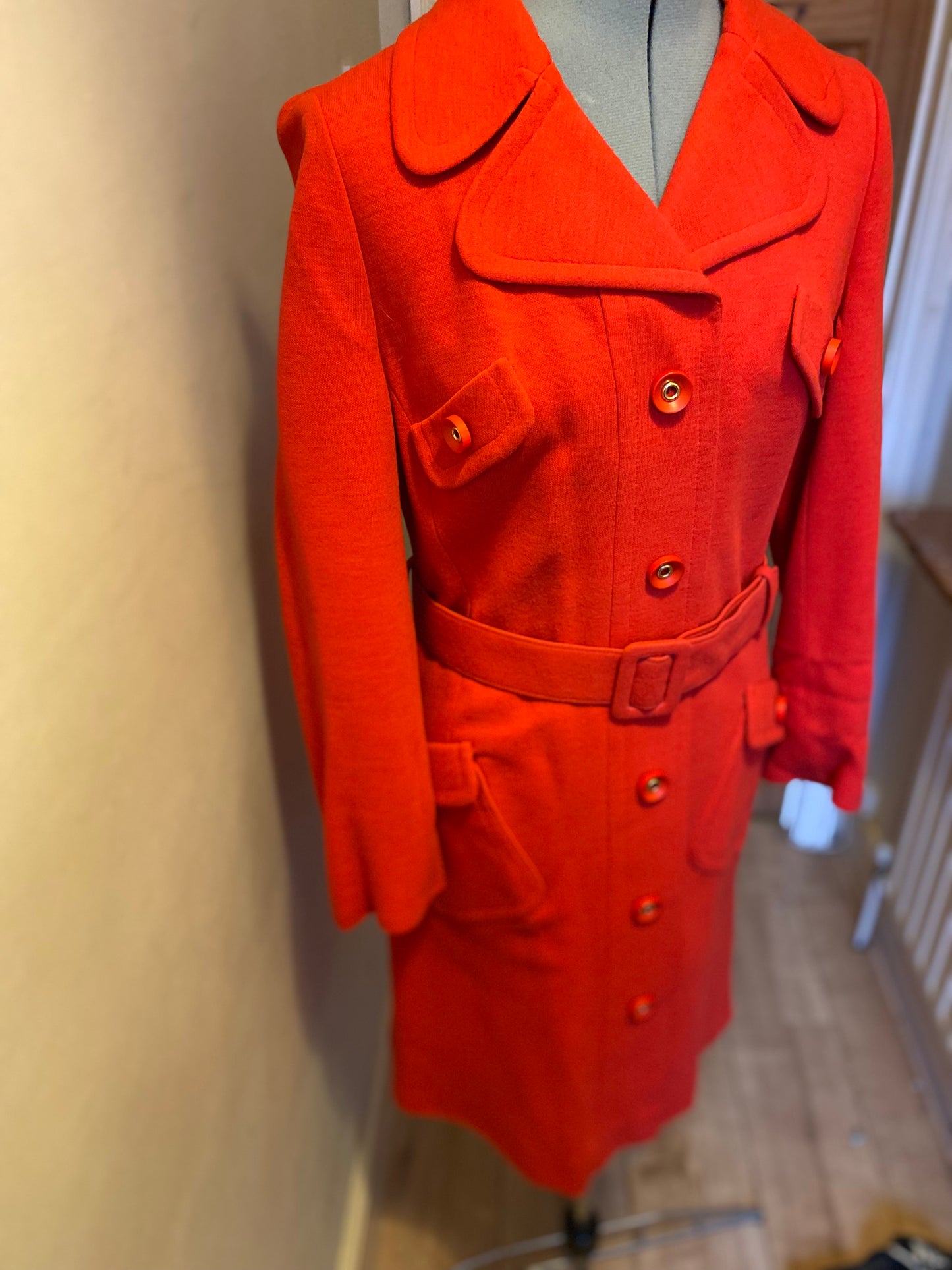 Vintage 60s Bickler coat red size 8 10 neospun jersey courtelle belted pockets