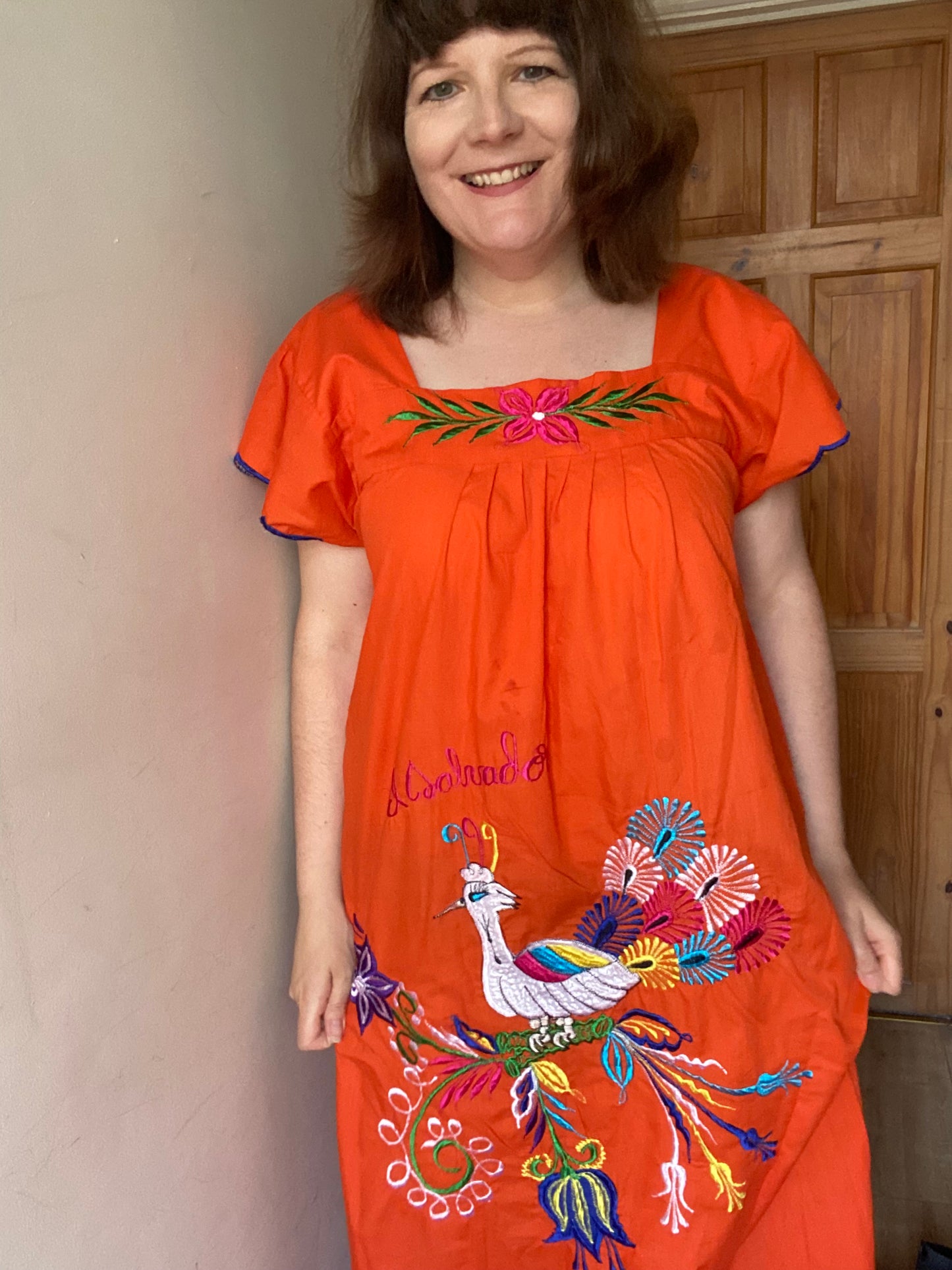 Vintage Light cotton South American embroidery dress size 20 22 orange blue El Salvador