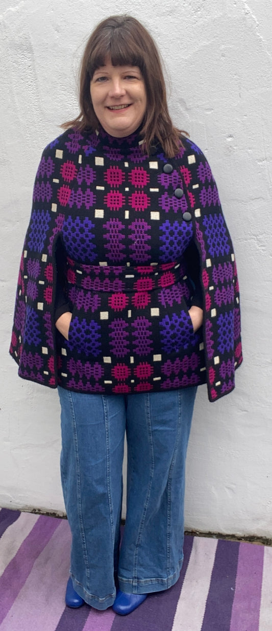 Vintage Welsh Wool Tapestry cape Portcullis print purple white blue belt side buttons pockets up to size 14