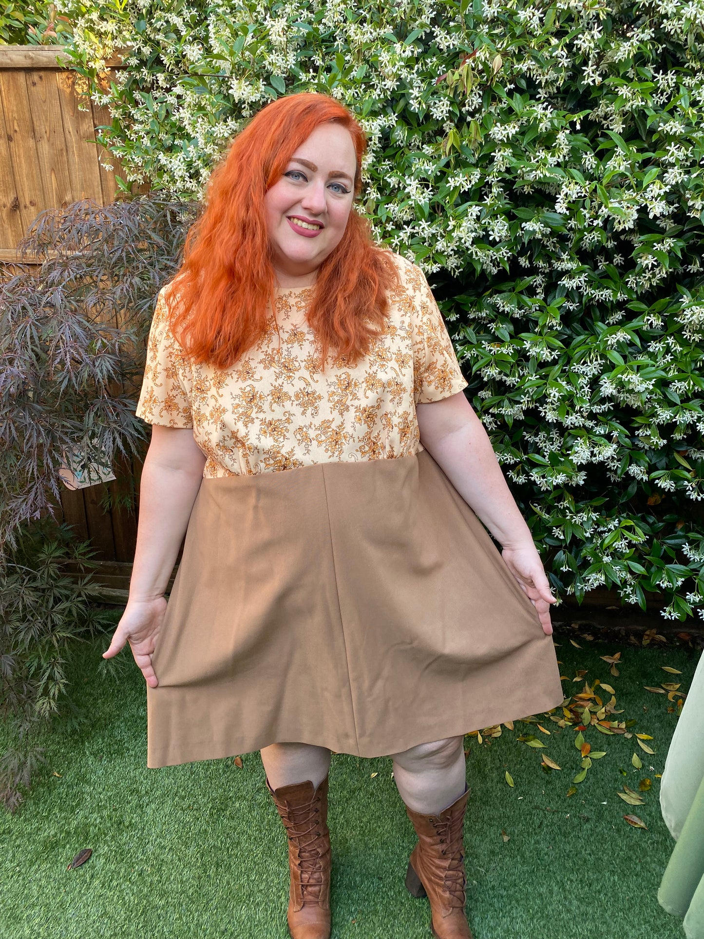 Vintage Peach print 60s shift dress tan skirt size 26