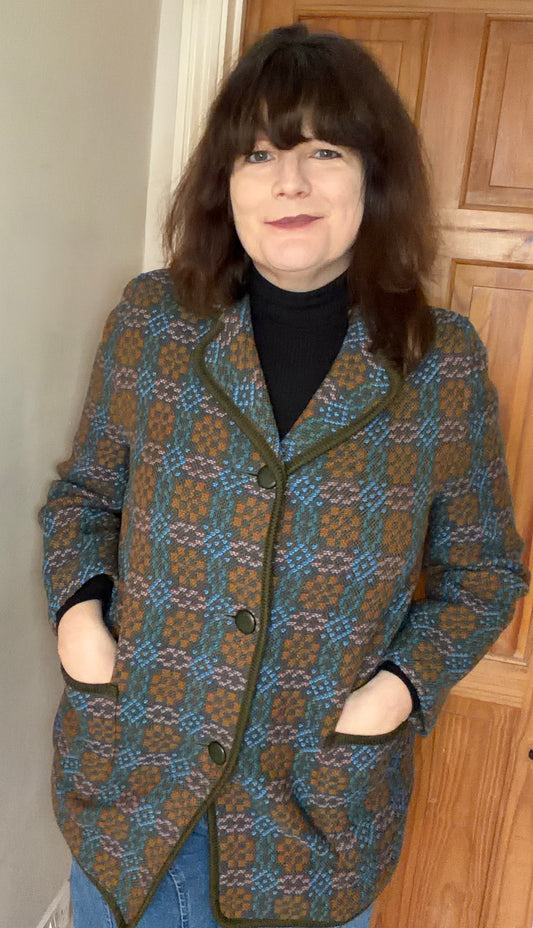 Vintage welsh wool tapestry pea car coat brown orange 60s size 14 size 12