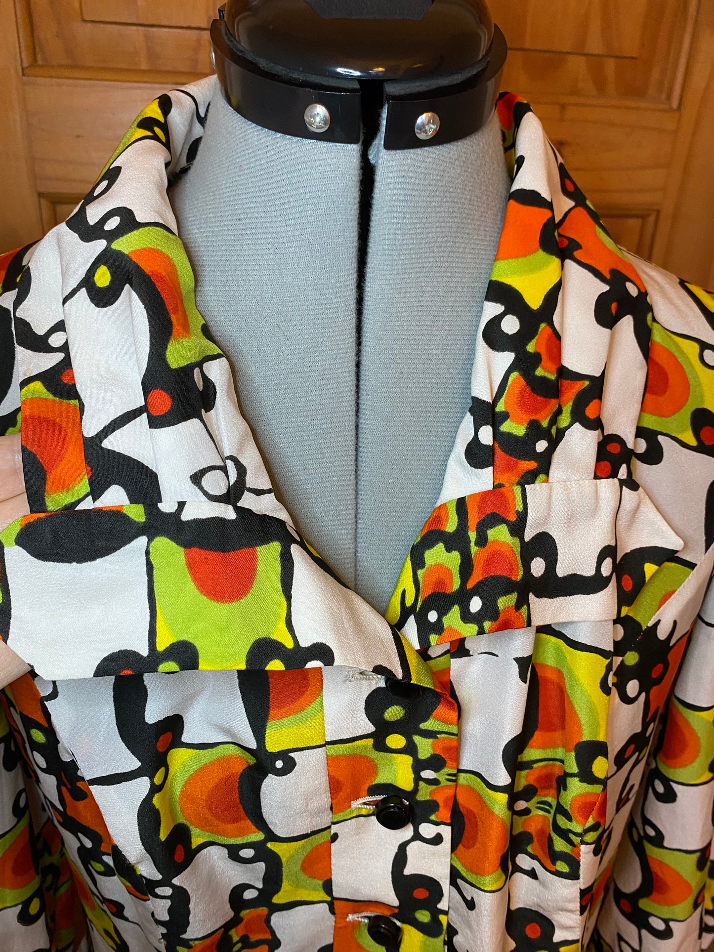 Vintage 70s polyester hand made funky print white orange green black mad collar dress size 14