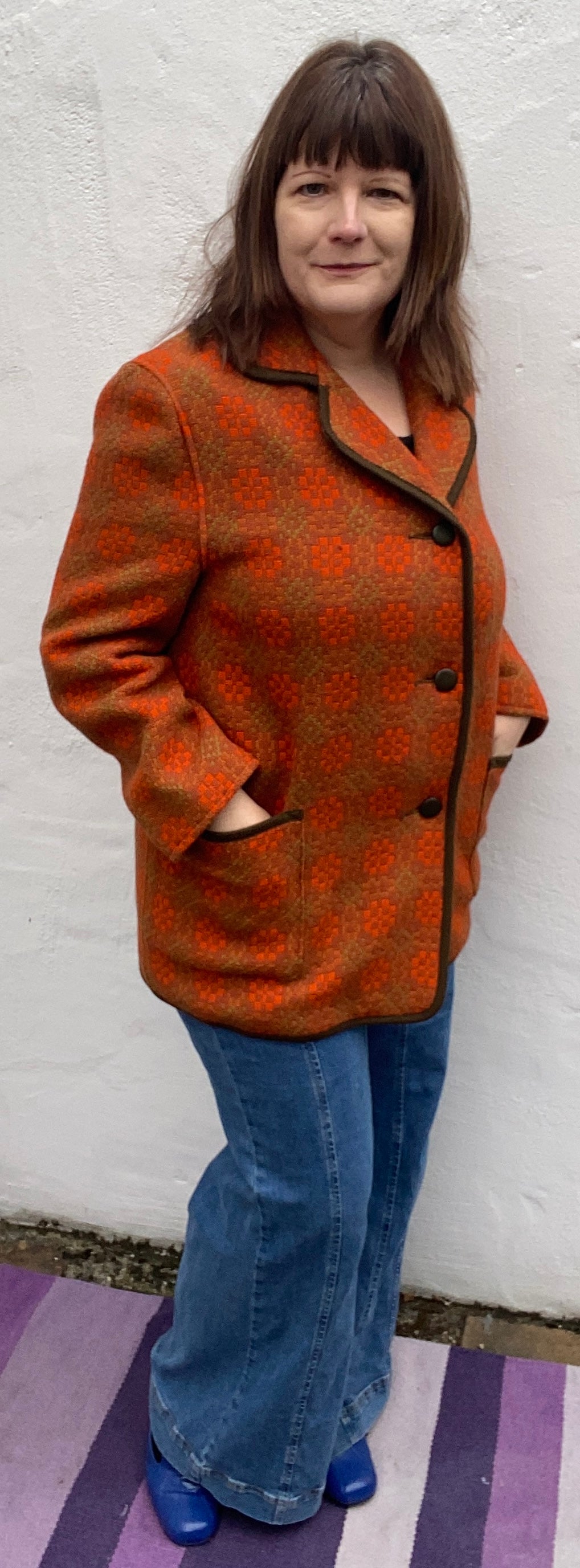 Vintage 60s orange Eclipse print Welsh Wool Tapestry pea coat jacket buttons pockets size 18 20