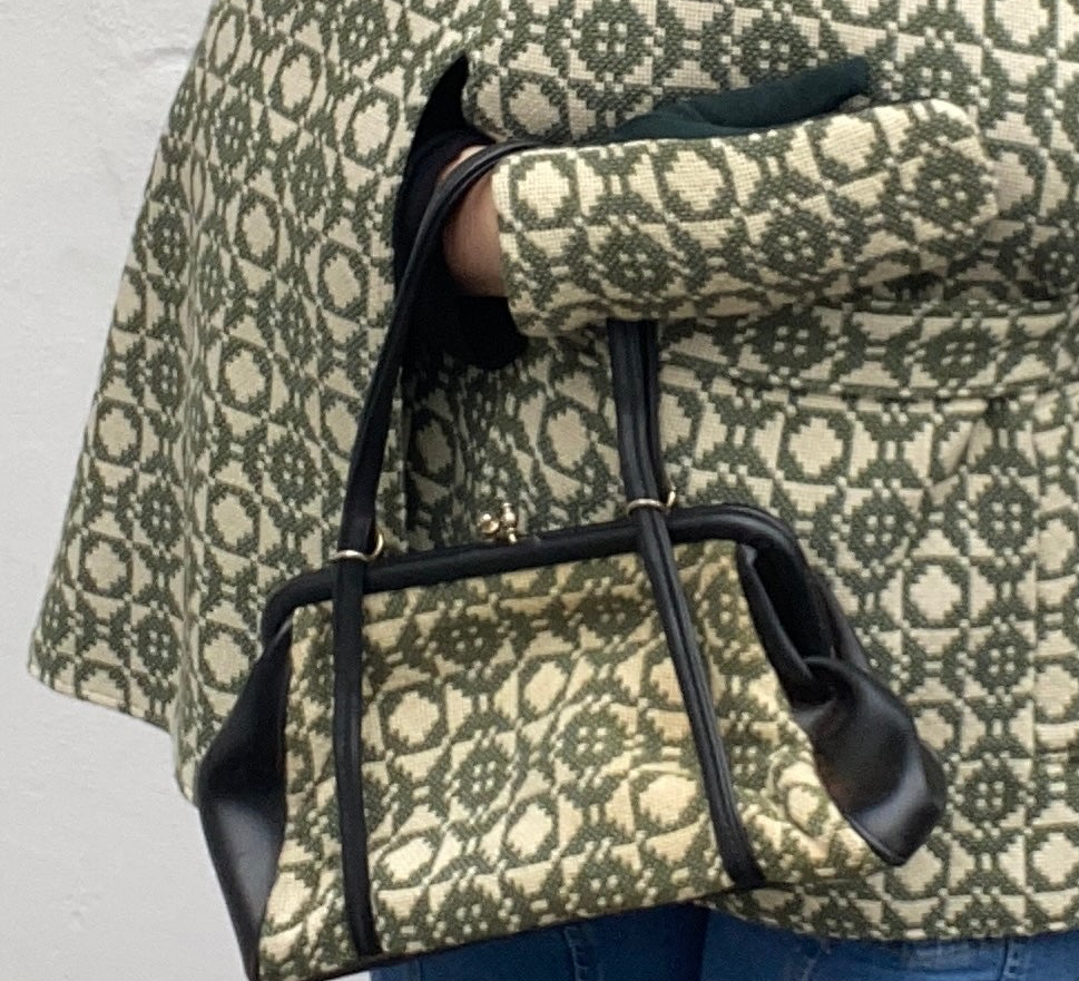 Vintage green cream Welsh Wool Tapestry handbag & purse with mittens geometric print