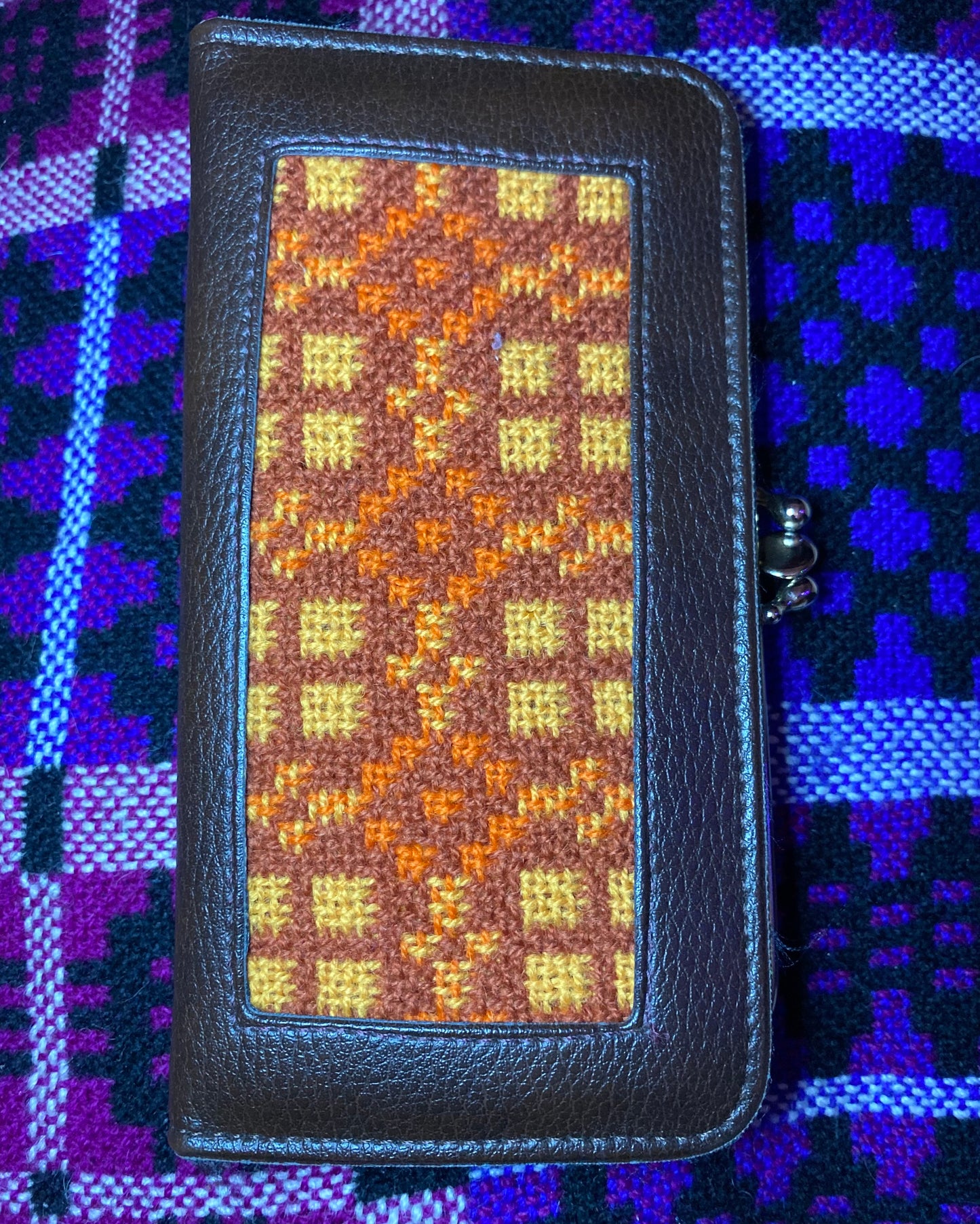 Vintage Orange Leather & Welsh Wool Tapestry Clutch purse