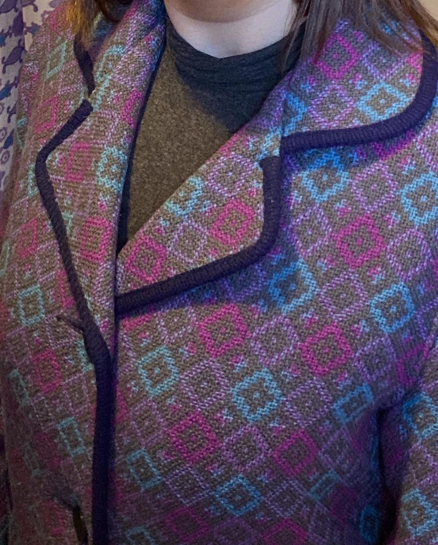 Vintage 60s Welsh wool Tapestry pea coat blue pink geometic print size 14 pockets