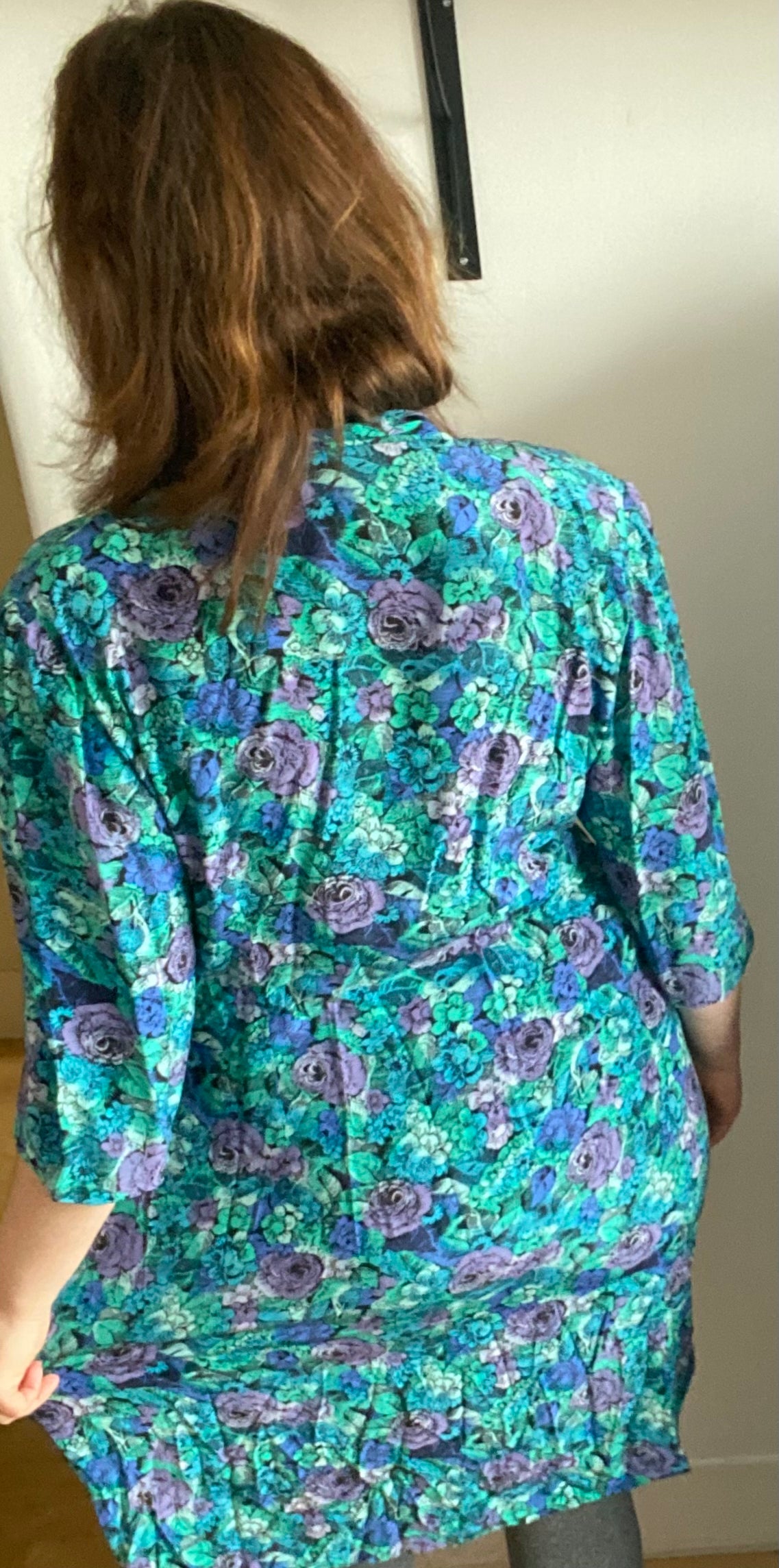 Vintage teal blue purple floral print pussybow dress 80s size 18 silky polyester handmade