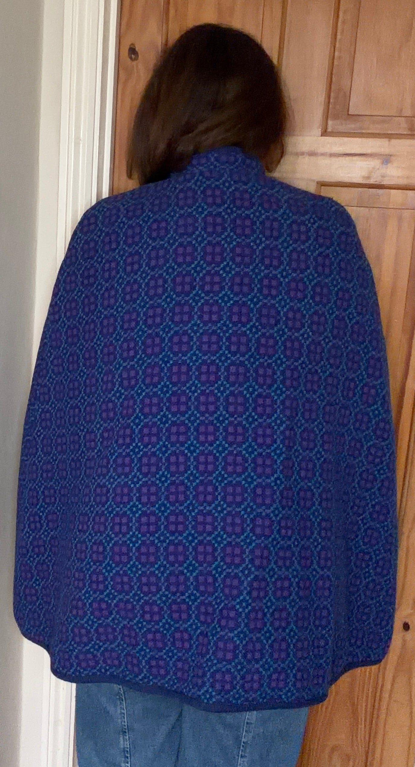 Vintage Welsh Wool Tapestry cape Eclipse geometric print blue pink belt side buttons pockets up to size 14. 40 inch bust