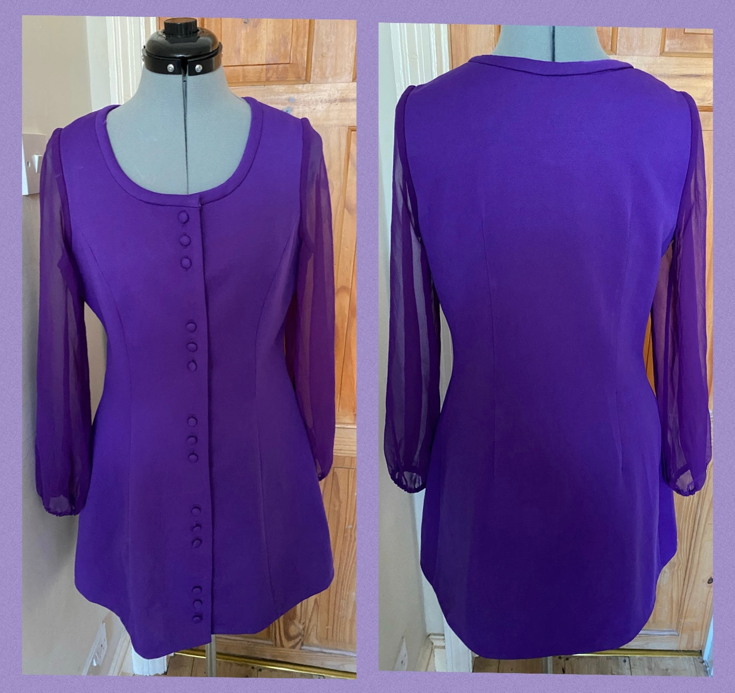 Vintage 60s Polyester purple sheer long sleeve mini dress size 10 12