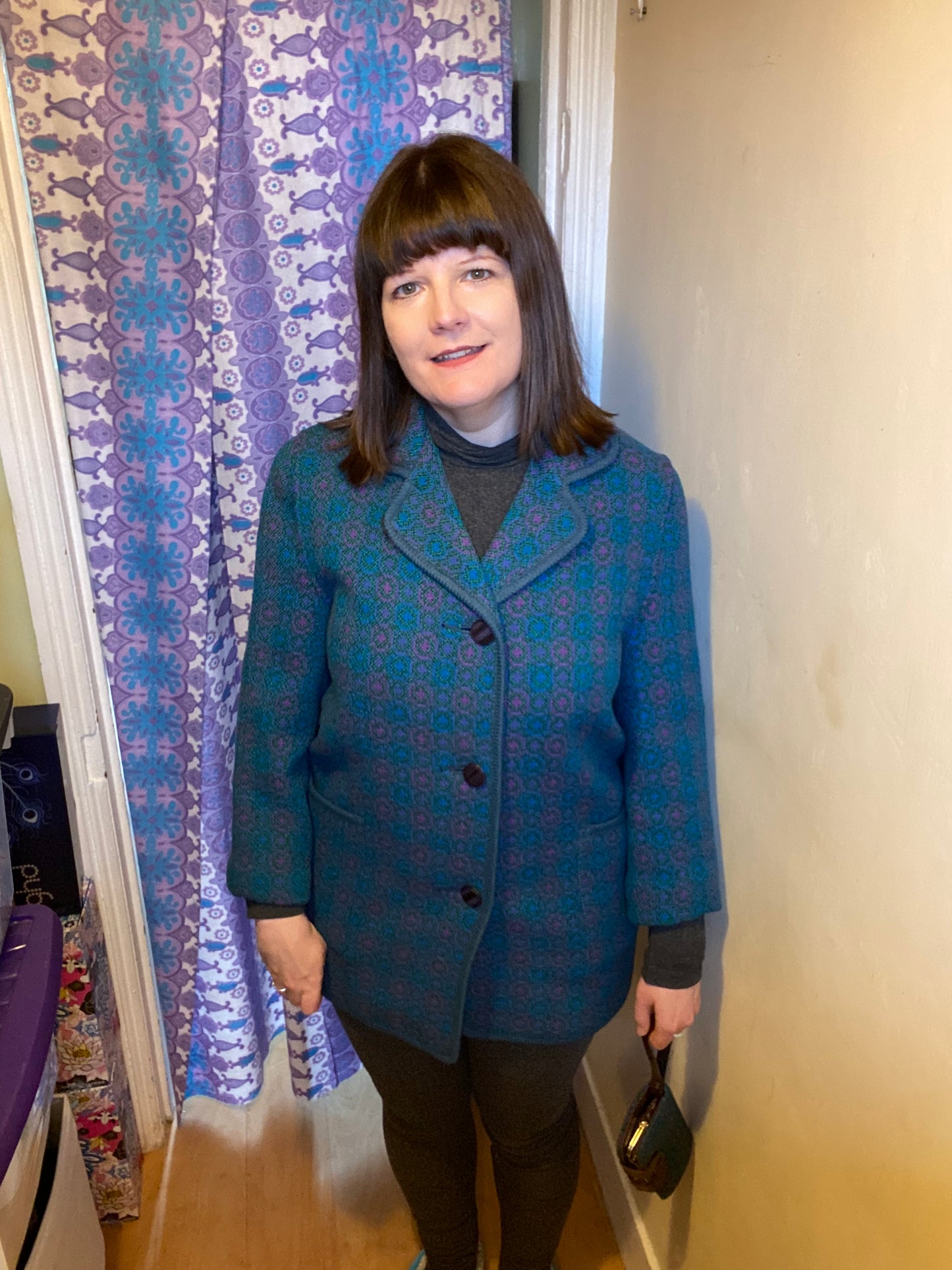 Vintage 60s Welsh wool Tapestry pea coat blue turquoise pink size 14 pockets