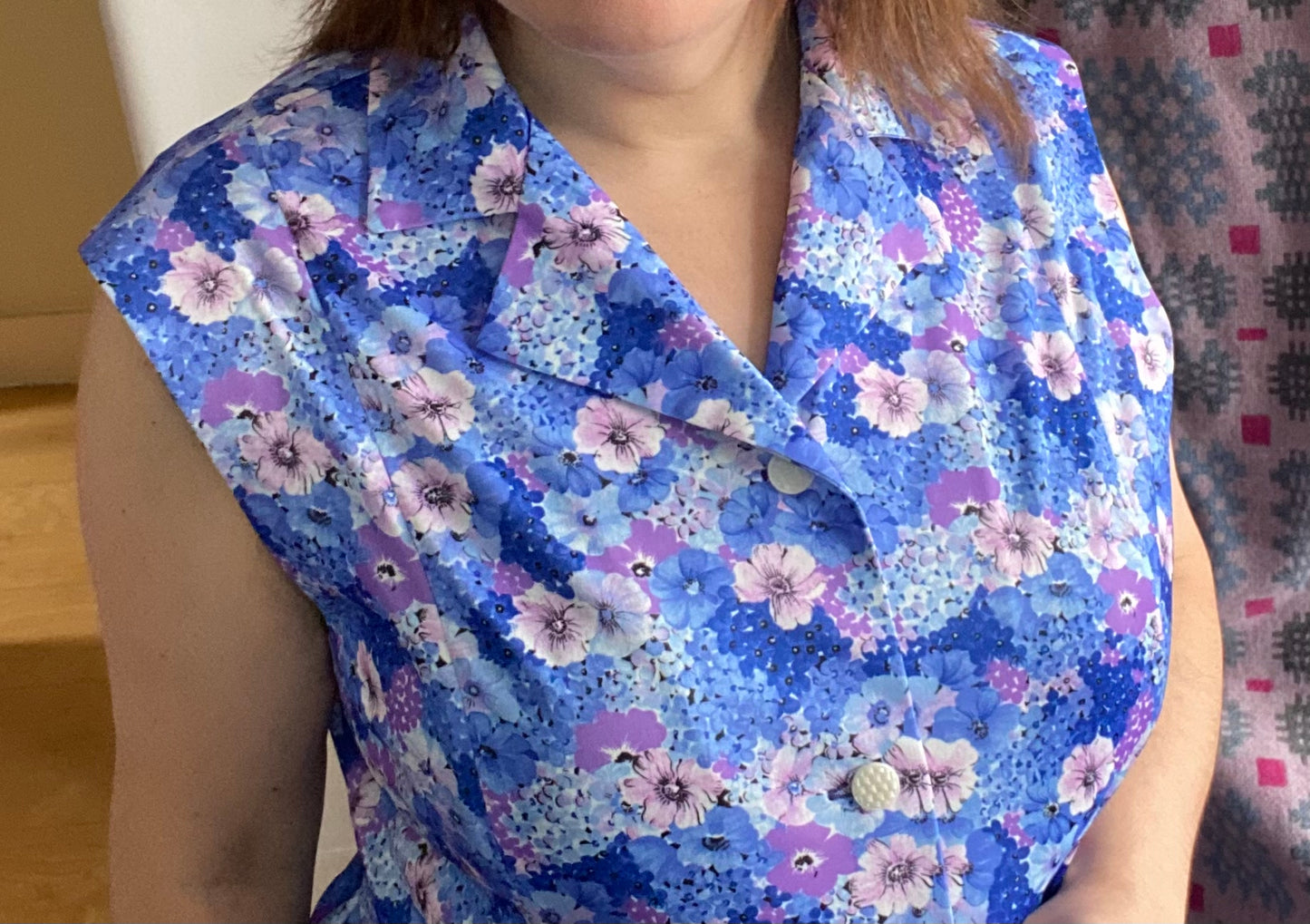 Vintage 70s 80s blue white lilac floral print shirt dress with