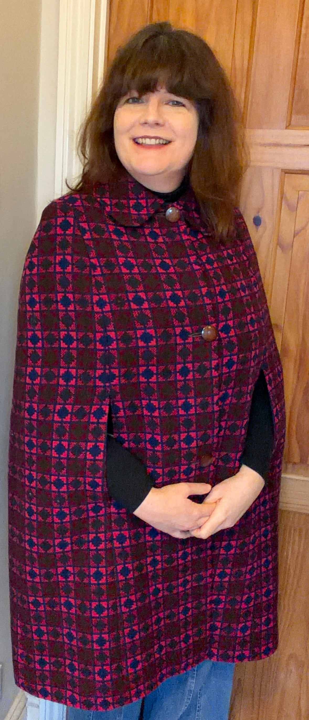 Vintage Welsh Wool Tapestry long cape geometric print pink purple mauve buttons up to size 14 16