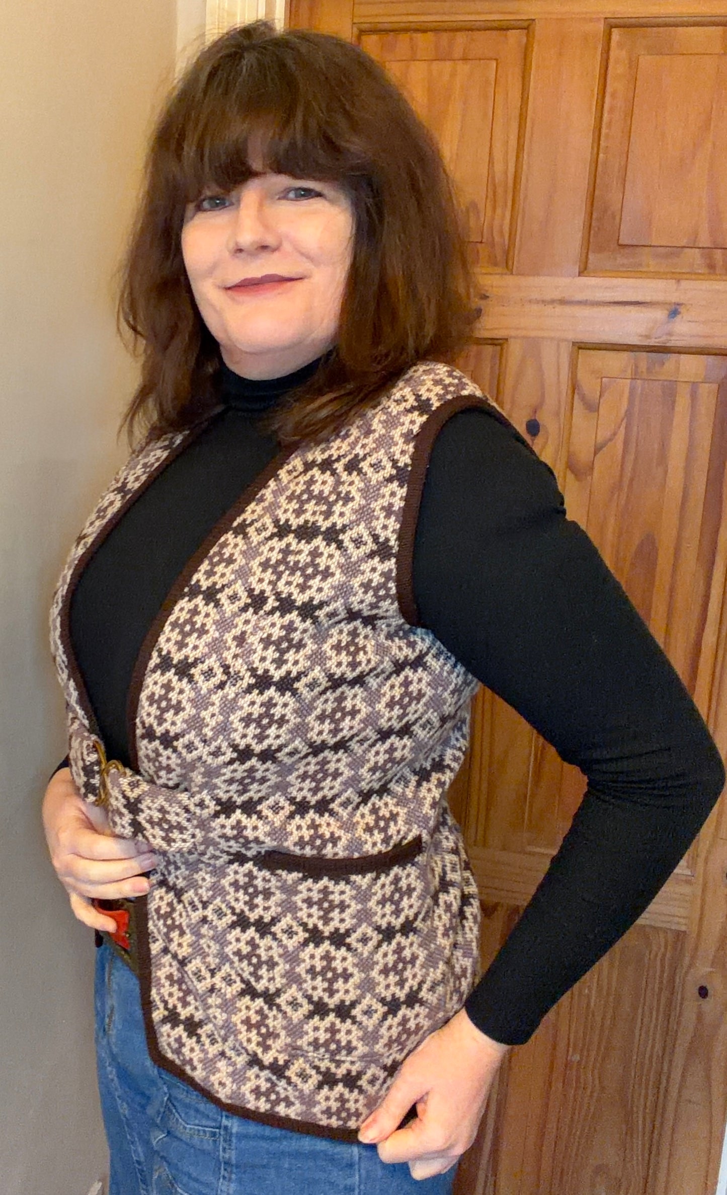 Vintage 60s Welsh wool tapestry waistcoat light brown beige biscuit size 12