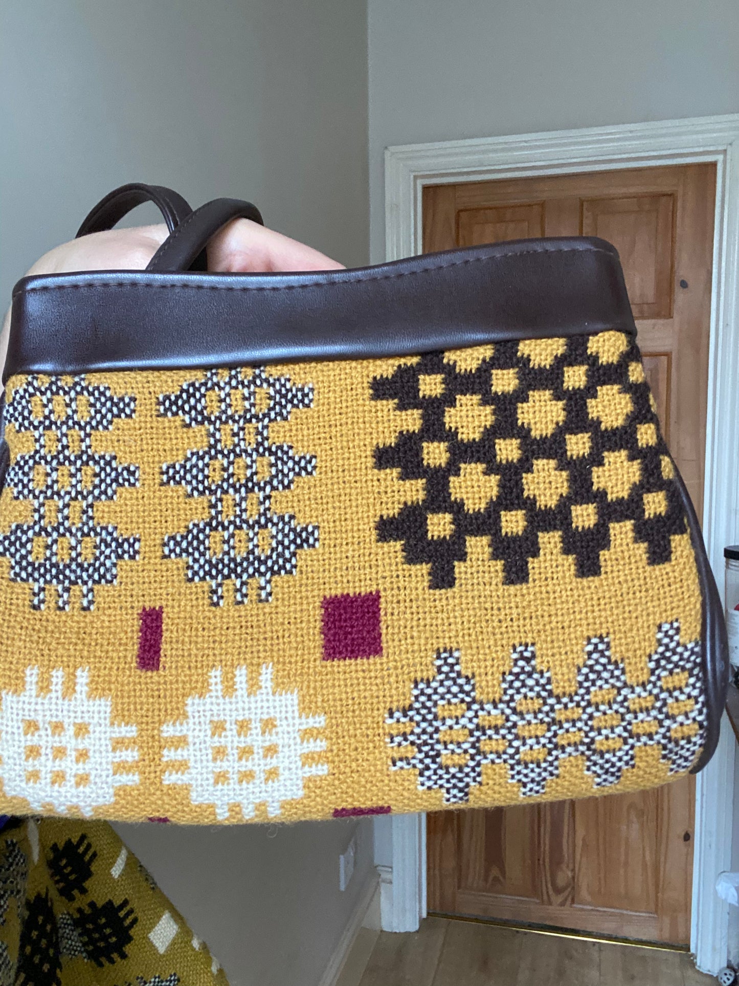 Vintage yellow mustard white black Welsh Wool Tapestry small hand bag handbag leather straps