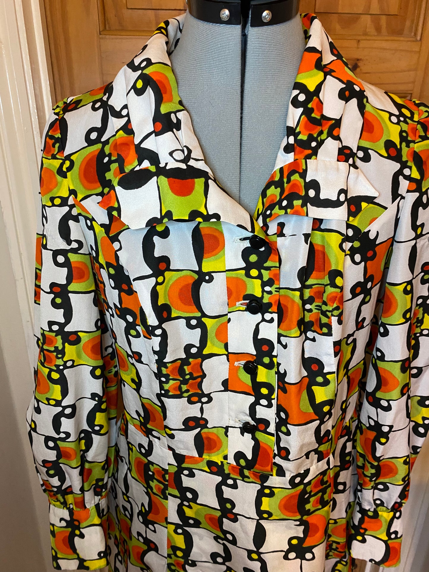 Vintage 70s polyester hand made funky print white orange green black mad collar dress size 14