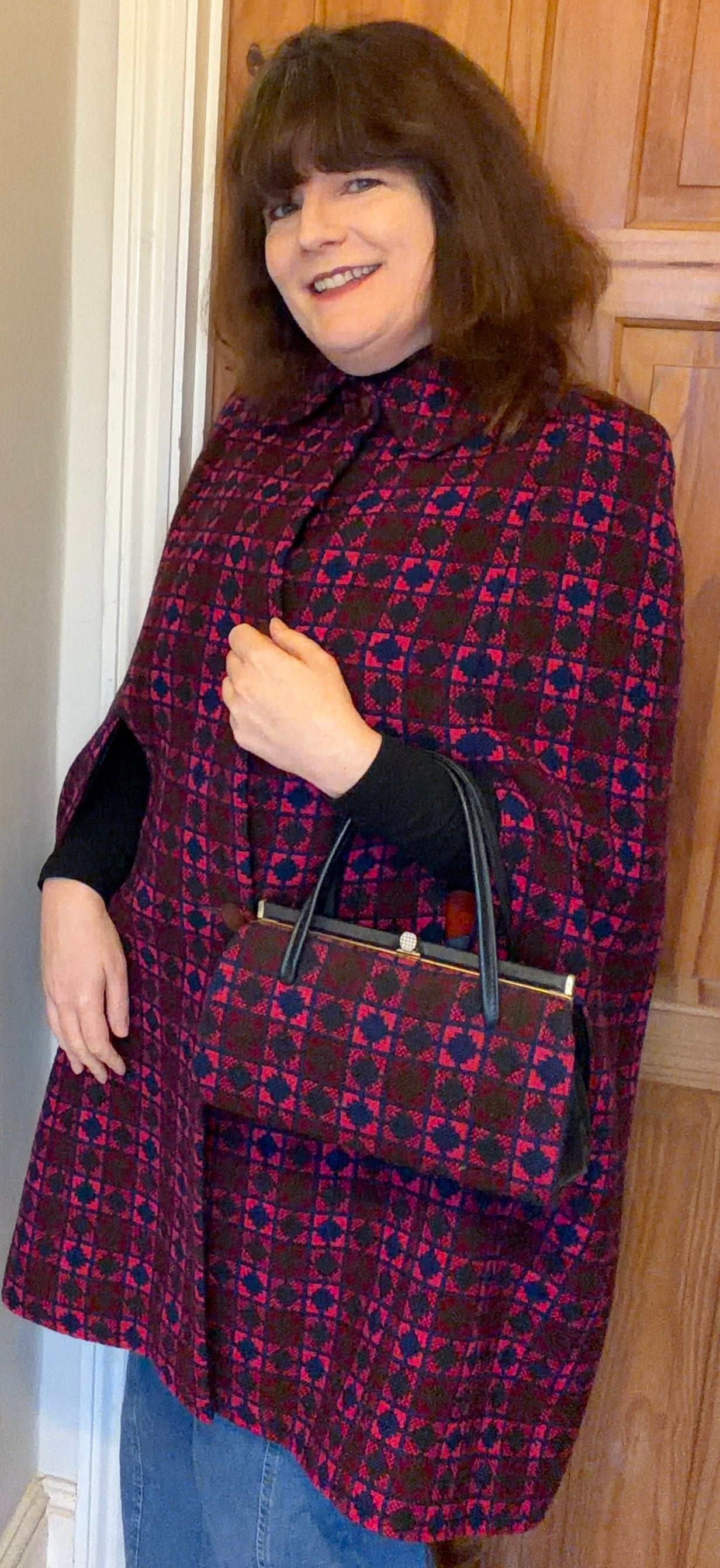 Vintage pink & purple geometric print Welsh Wool Tapestry handbag structured bag