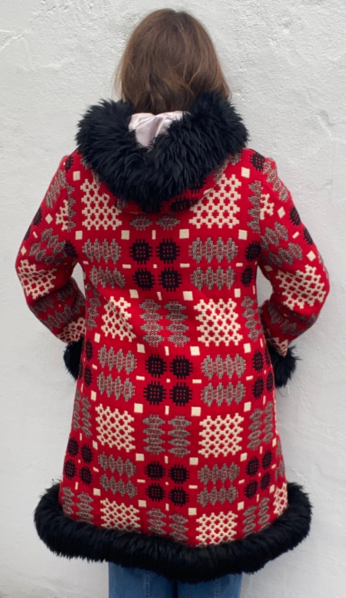Vintage Welsh Wool Tapestry faux fur trim long hooded coat Pandy Red white grey up to size 16