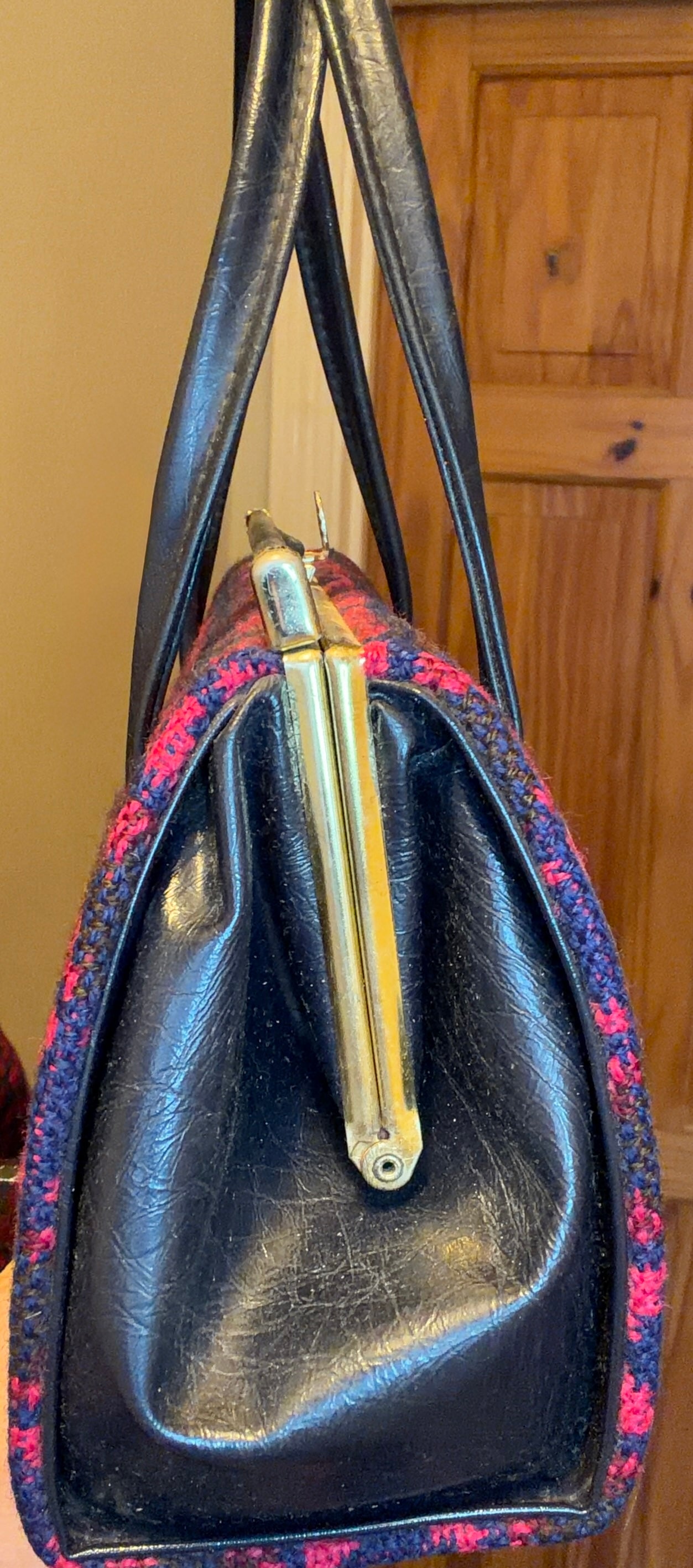 Vintage pink & purple geometric print Welsh Wool Tapestry handbag structured bag