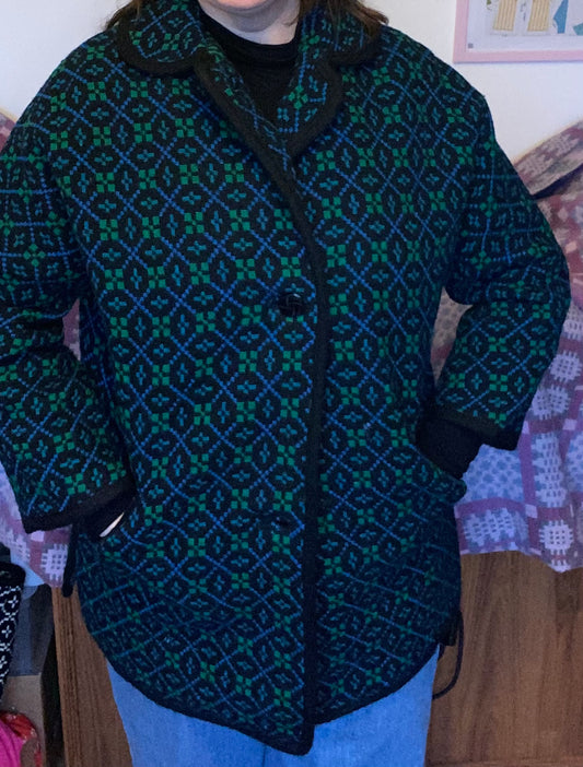 Vintage Welsh Wool Tapestry coat blue teal size 16 geometric print green