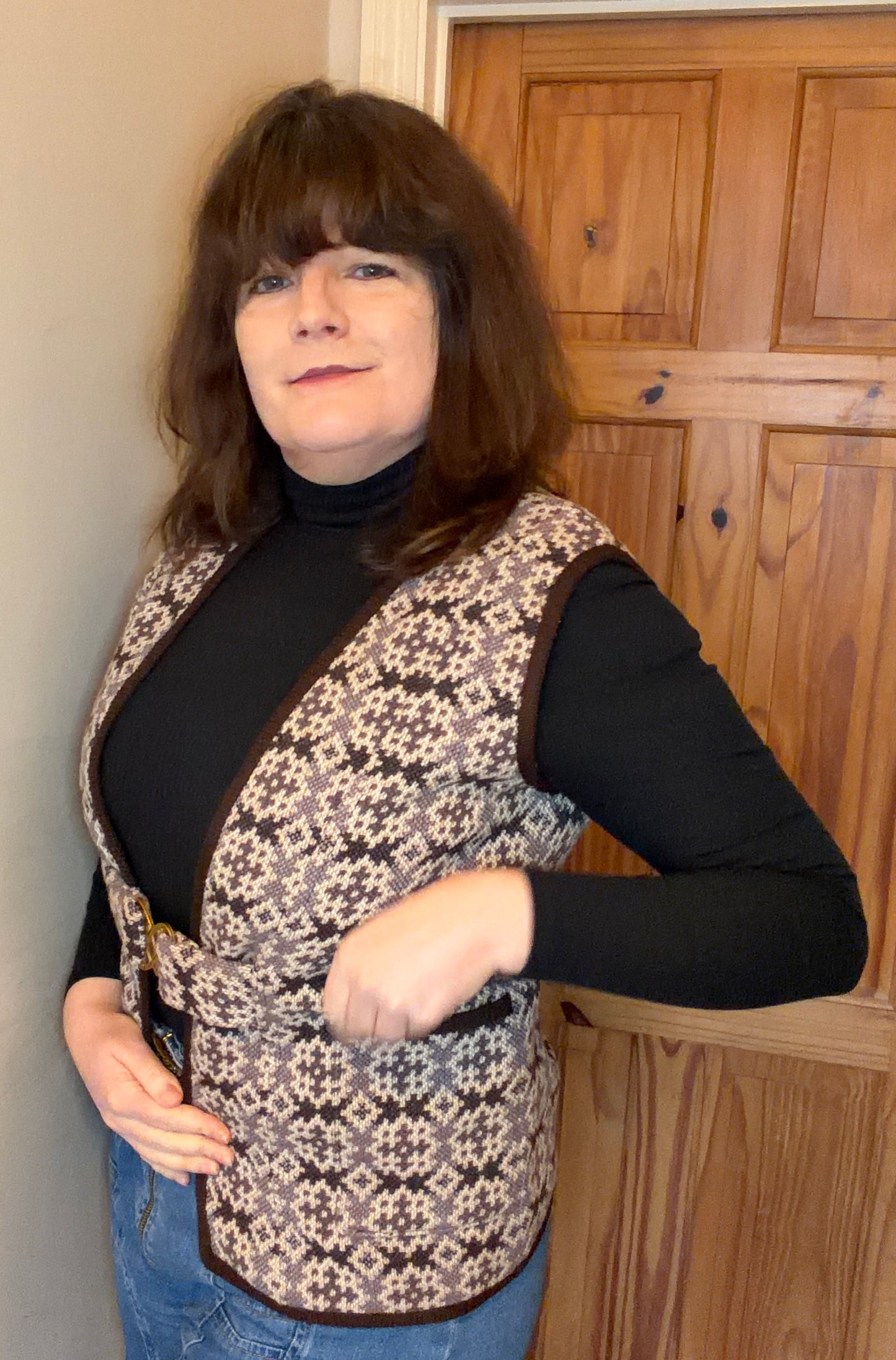 Vintage 60s Welsh wool tapestry waistcoat light brown beige biscuit size 12