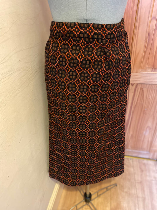 Vintage 60s Welsh wool tapestry pencil skirt coral orange brown Eclipse print size 12 14