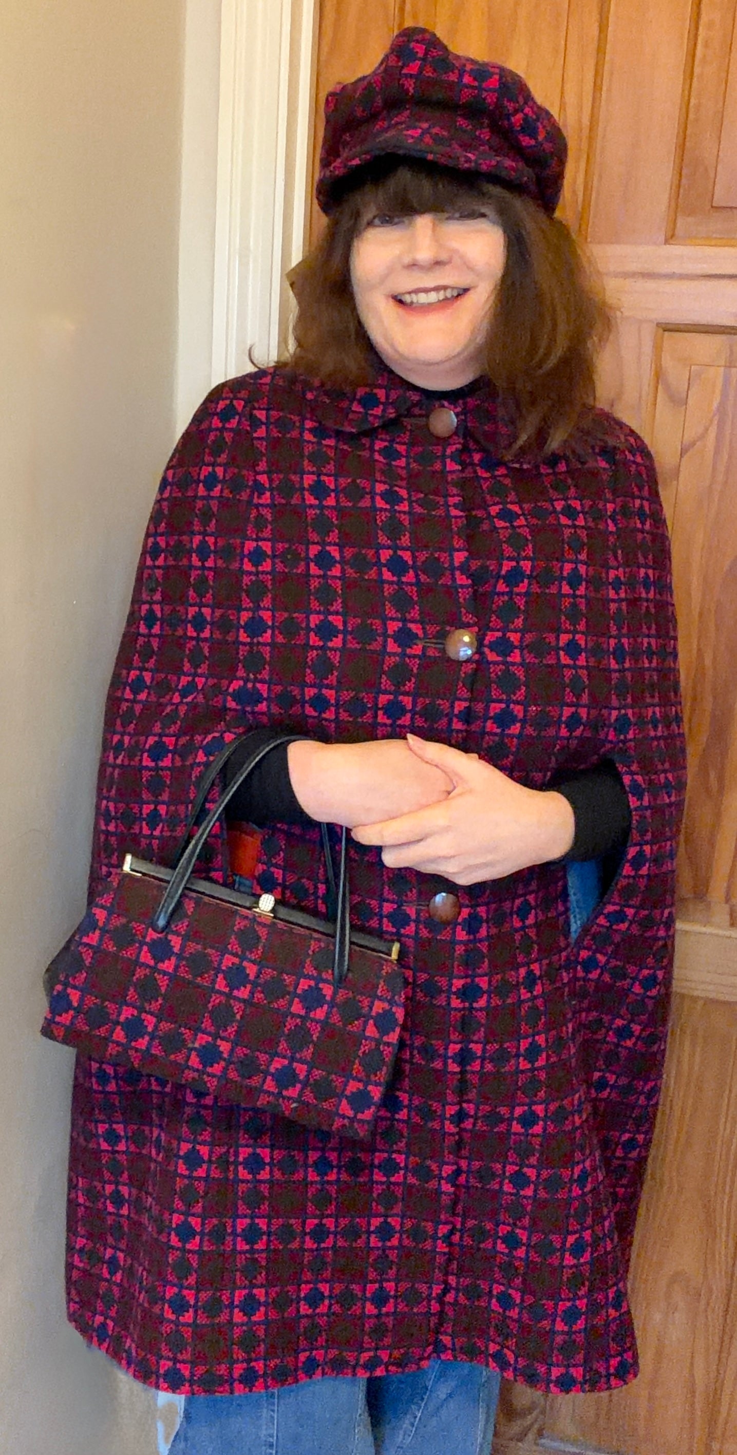 Vintage pink & purple geometric print Welsh Wool Tapestry handbag structured bag