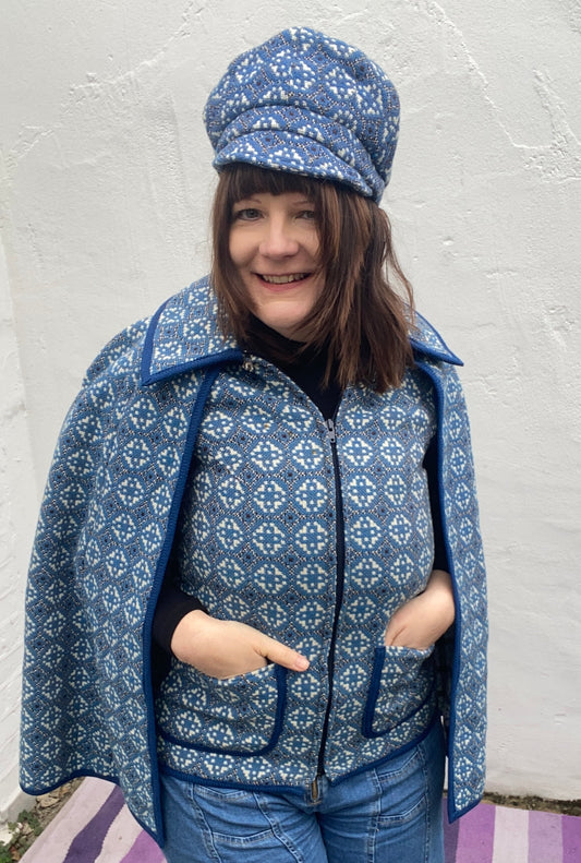 Vintage Blue dark light large collar long Welsh Wool Tapestry zip waistcoat short cape up to size 14