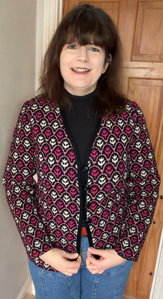 Vintage Brynkir Print Welsh Wool Tapestry jacket smart pink black white flower tulip size 12