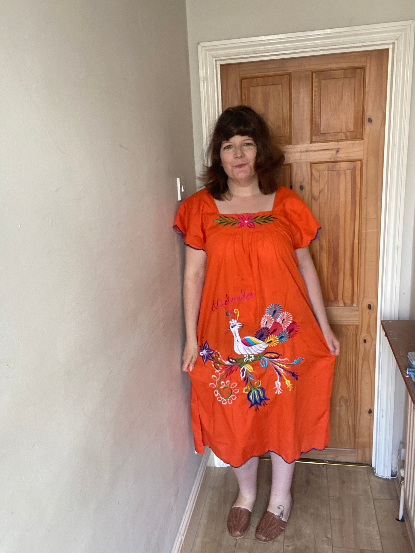 Vintage Light cotton South American embroidery dress size 20 22 orange blue El Salvador