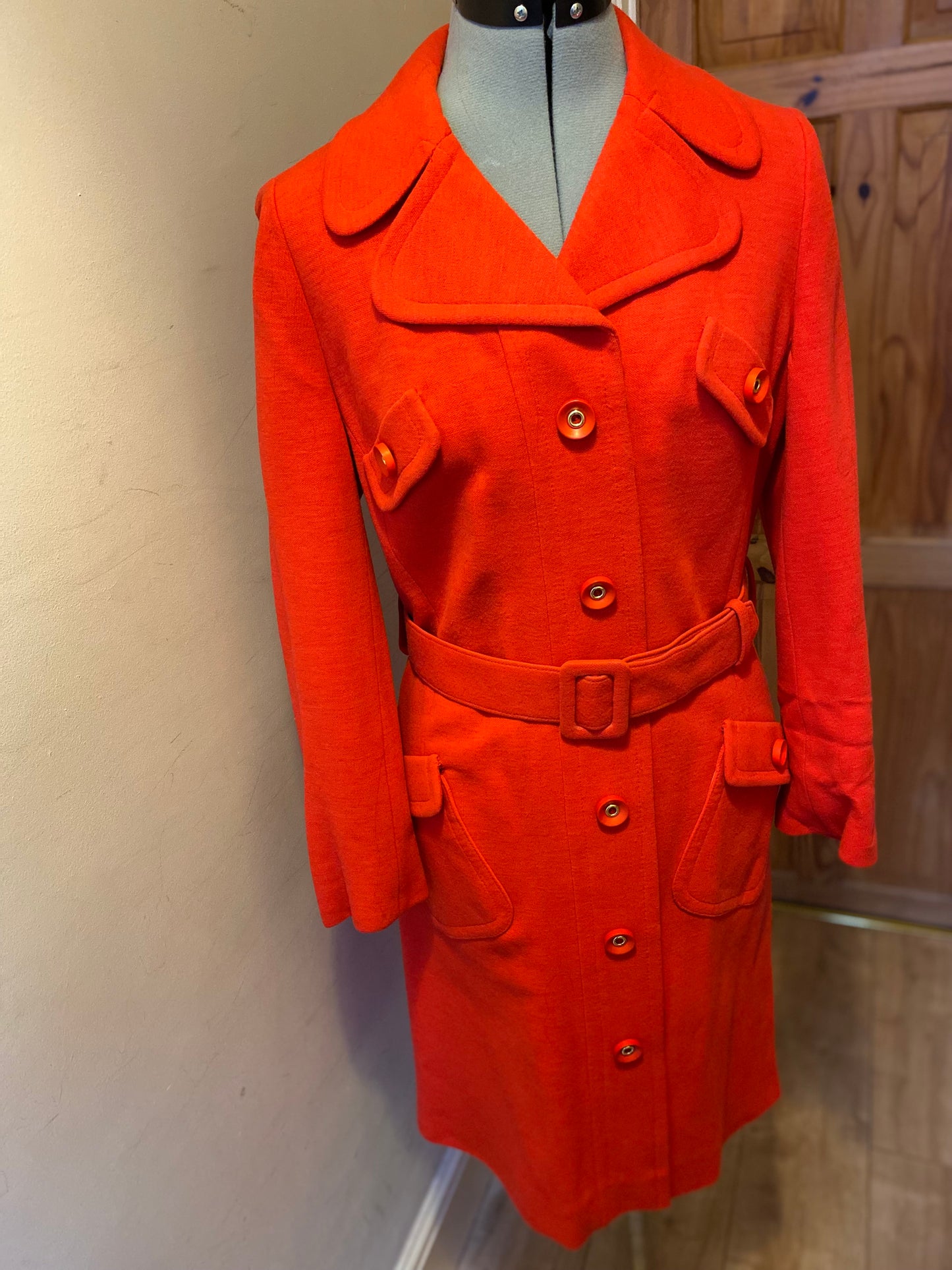 Vintage 60s Bickler coat red size 8 10 neospun jersey courtelle belted pockets