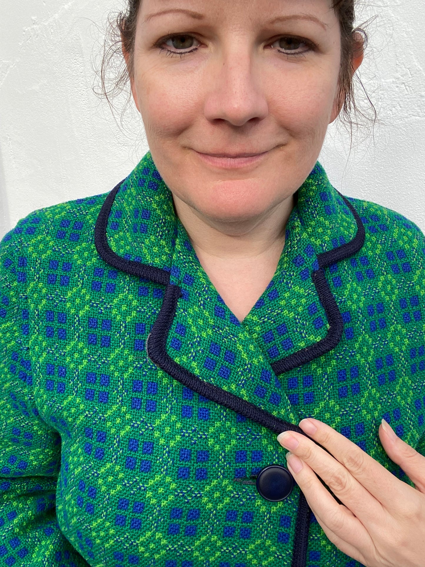 Vintage Welsh Wool Tapestry Pea coat jacket Green blue size 12 Eclipse geometric print pockets