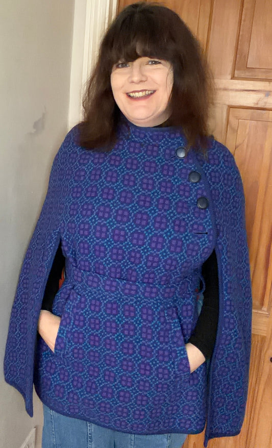 Vintage Welsh Wool Tapestry cape Eclipse geometric print blue pink belt side buttons pockets up to size 14. 40 inch bust