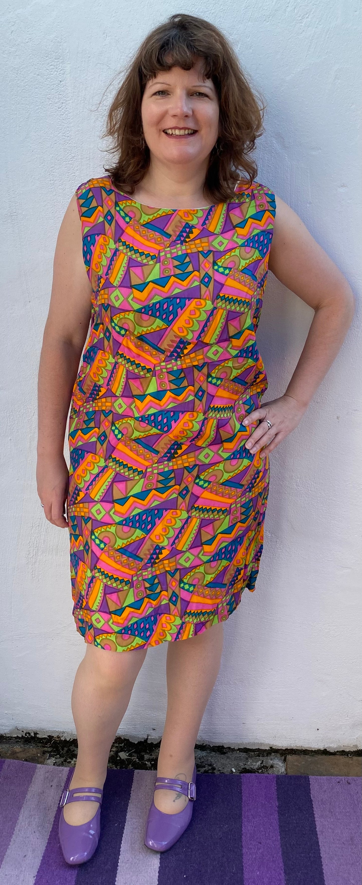 Vintage handmade multi coloured silky shift dress pink blue orange sleeveless size 14 16