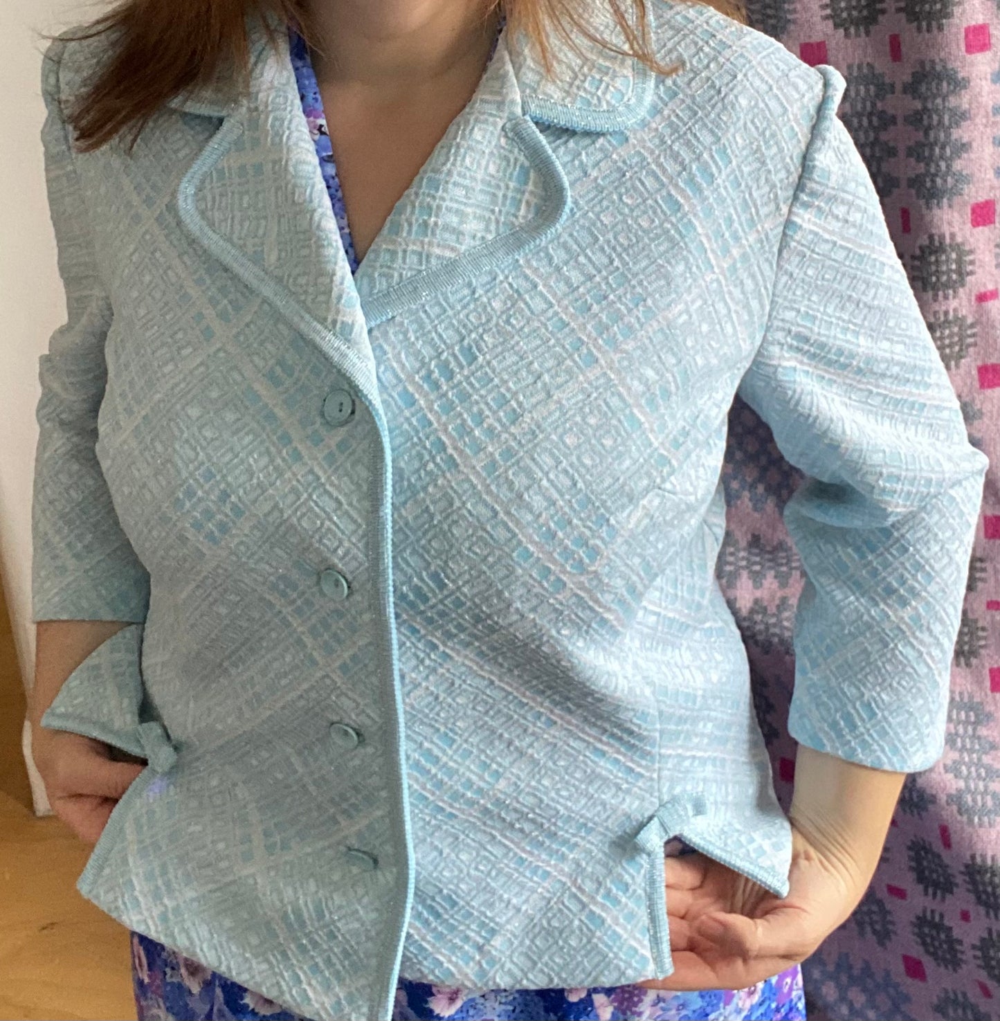 Vintage 60s turquoise blue Wolsey Lombardi polyester short button jacket bow detail sparkly size 16