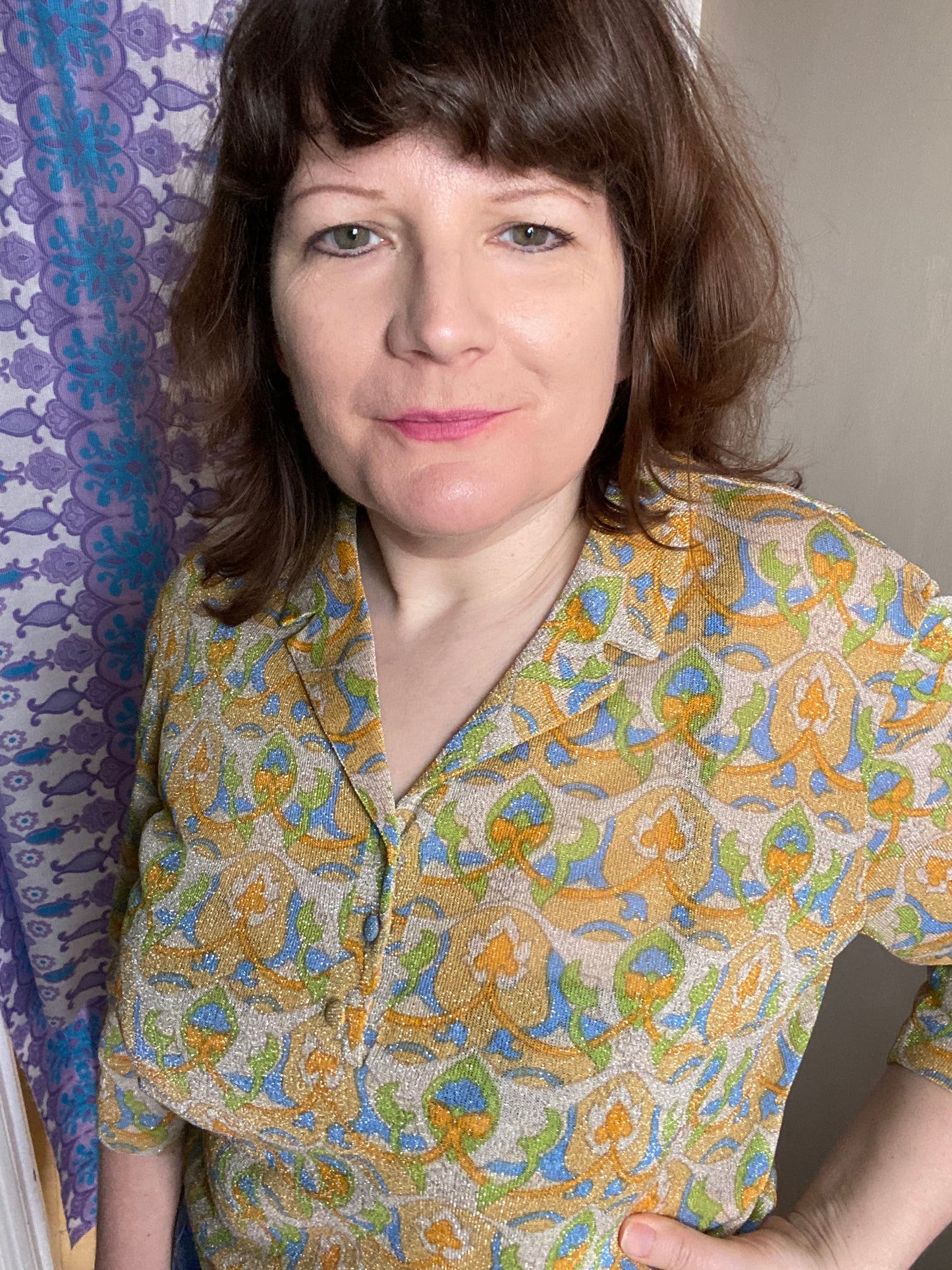 Vintage 70s 80s  Luisa Spagnoli Perugia sparkly Lurex print blouse size 18 20 yellow green blue