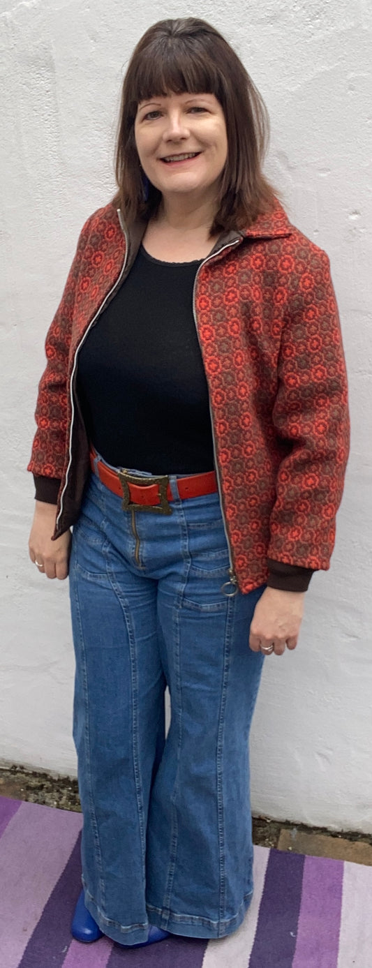 Vintage 60s 70s Welsh Wool Tapestry Bomber Jacket reversible orange brown size 8 10 pockets