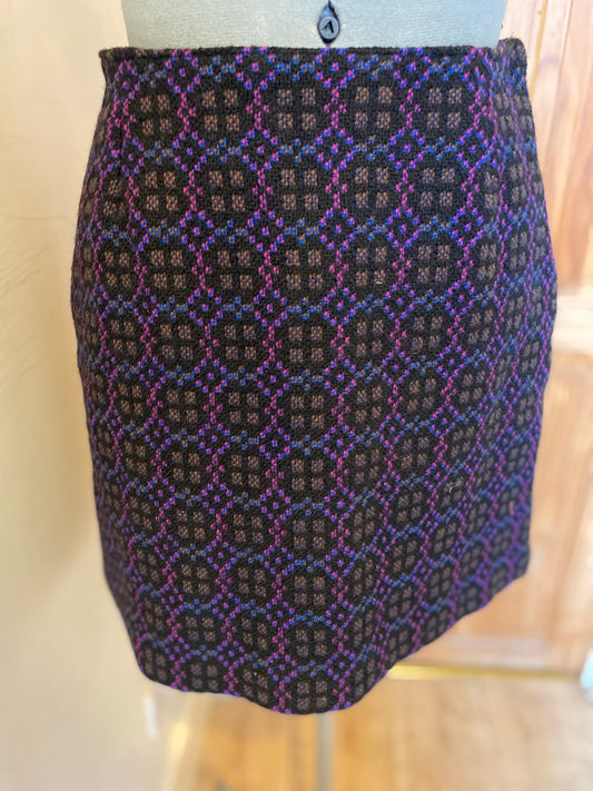 Vintage 60s Welsh wool tapestry mini skirt purple Eclipse print size 8 28 inch waist