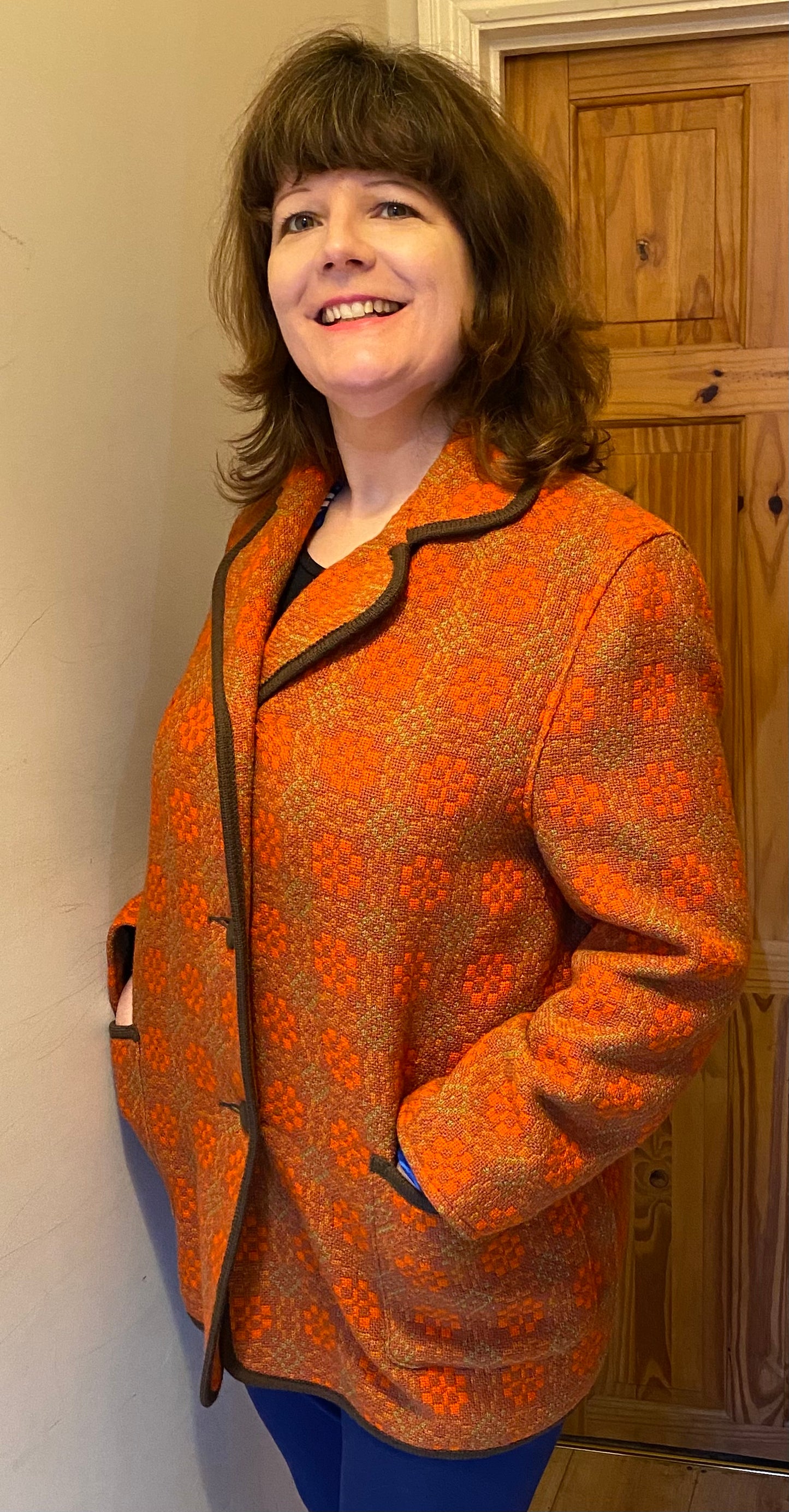 Vintage 60s orange Eclipse print Welsh Wool Tapestry pea coat jacket buttons pockets size 18 20