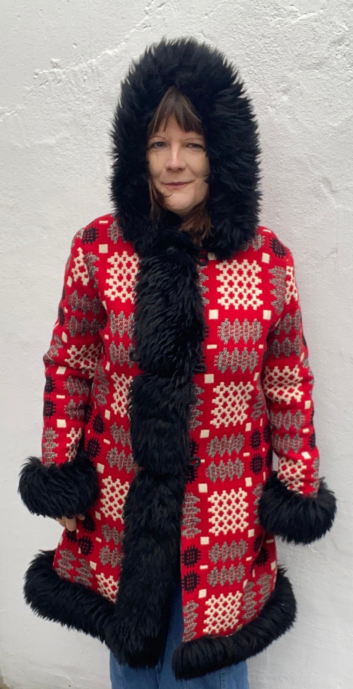 Vintage Welsh Wool Tapestry faux fur trim long hooded coat Pandy Red white grey up to size 16